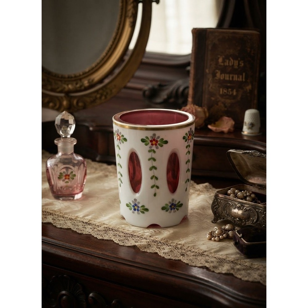 Antique 1930s Czech Bohemian Ruby Red Cut to Milk Glass Floral Tumbler 3.5in